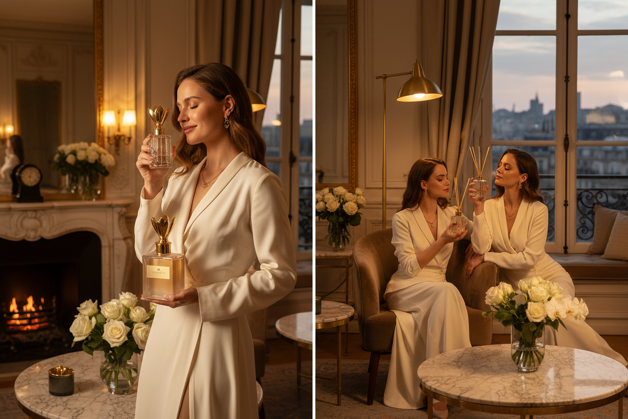 humanized female models smelling house fragrances from Mille Voeux