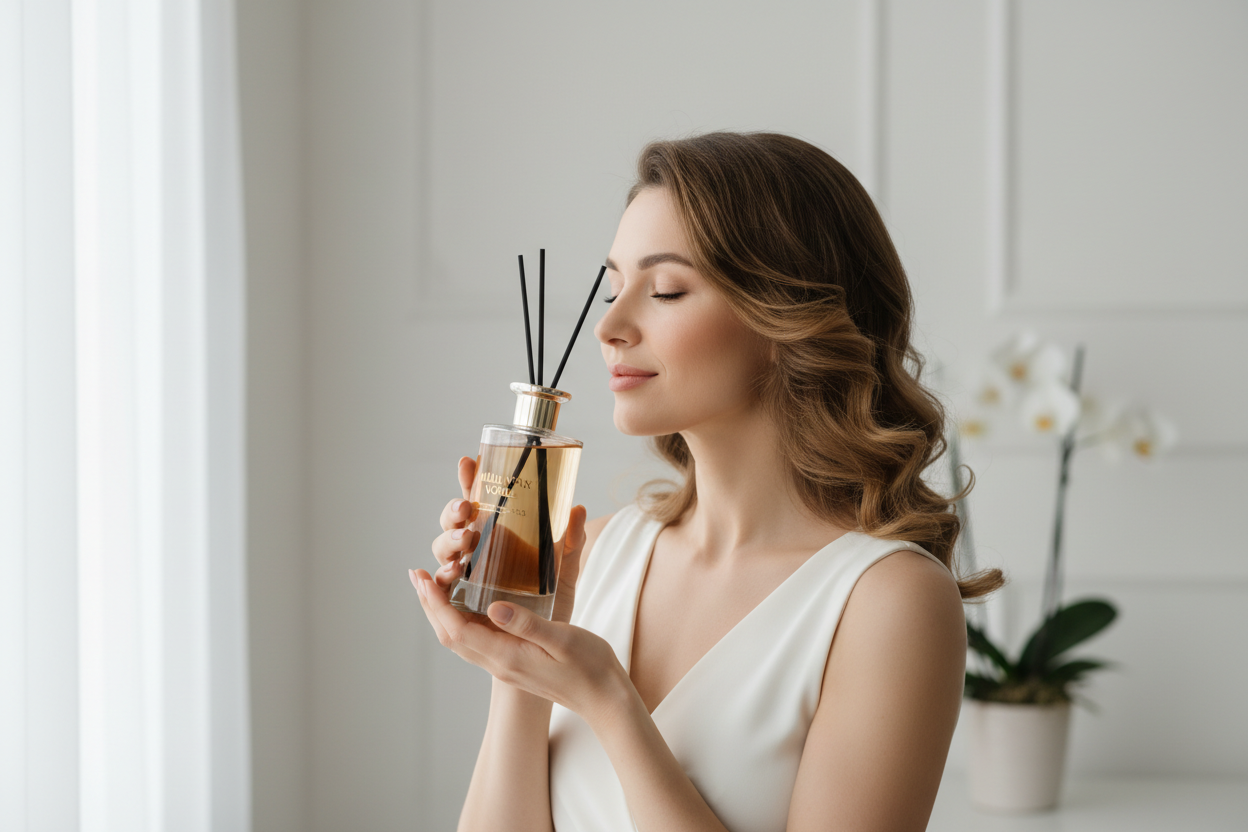 styled hair in humanized female model smelling house fragrances from Mille Voeux