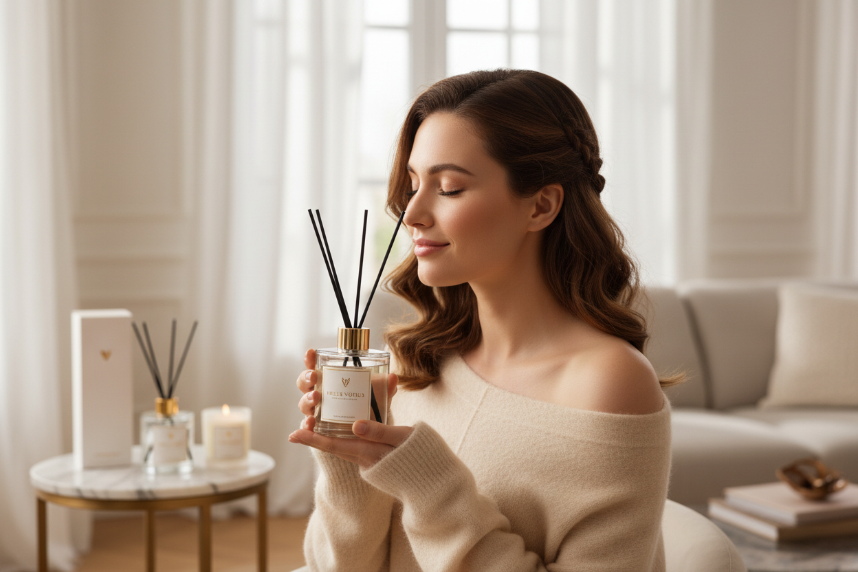 styled hair in humanized female model smelling house fragrances from Mille Voeux